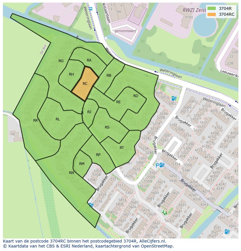 Afbeelding van het postcodegebied 3704 RC op de kaart.