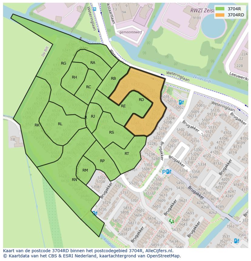 Afbeelding van het postcodegebied 3704 RD op de kaart.