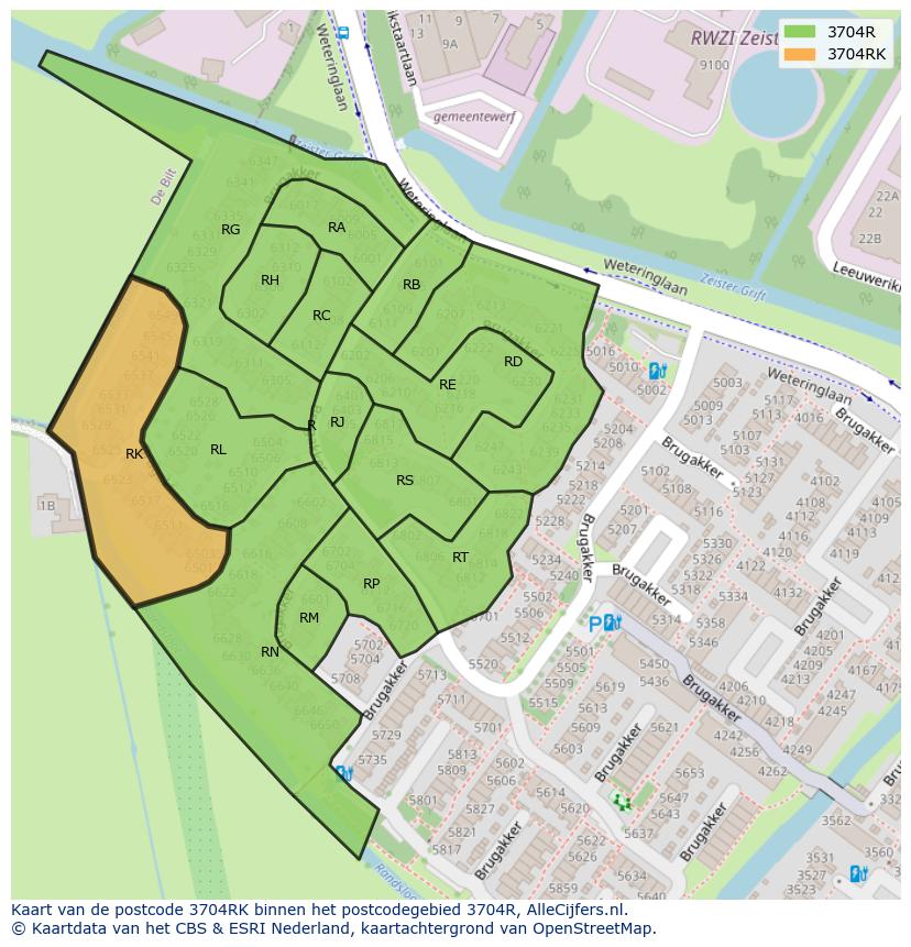 Afbeelding van het postcodegebied 3704 RK op de kaart.