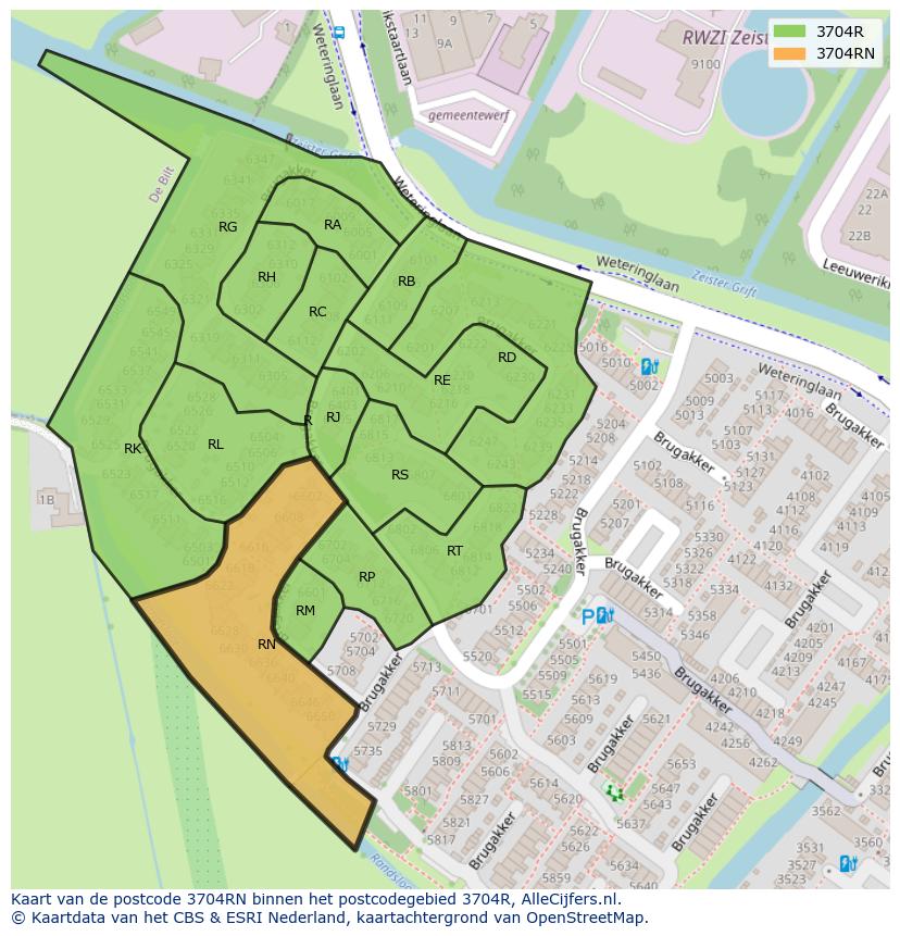 Afbeelding van het postcodegebied 3704 RN op de kaart.