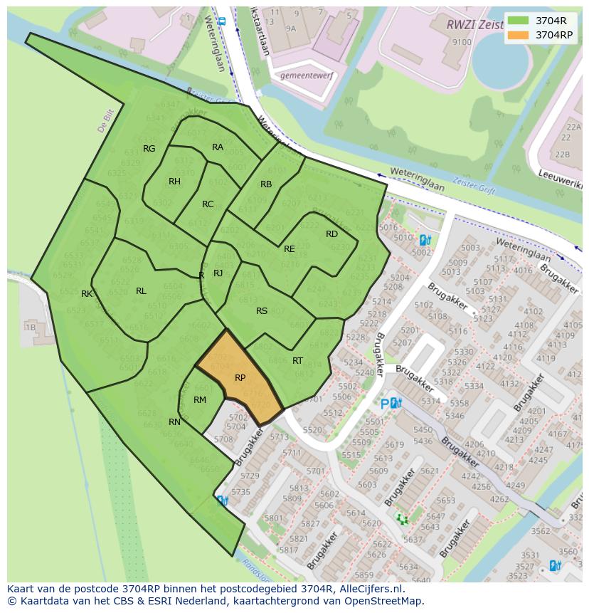 Afbeelding van het postcodegebied 3704 RP op de kaart.