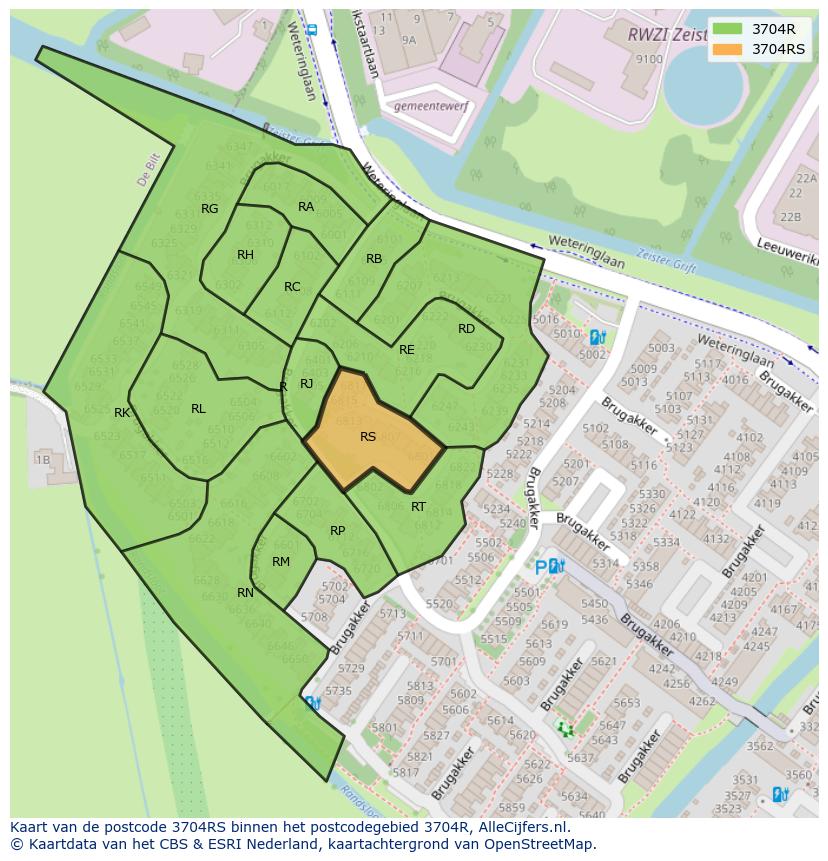 Afbeelding van het postcodegebied 3704 RS op de kaart.
