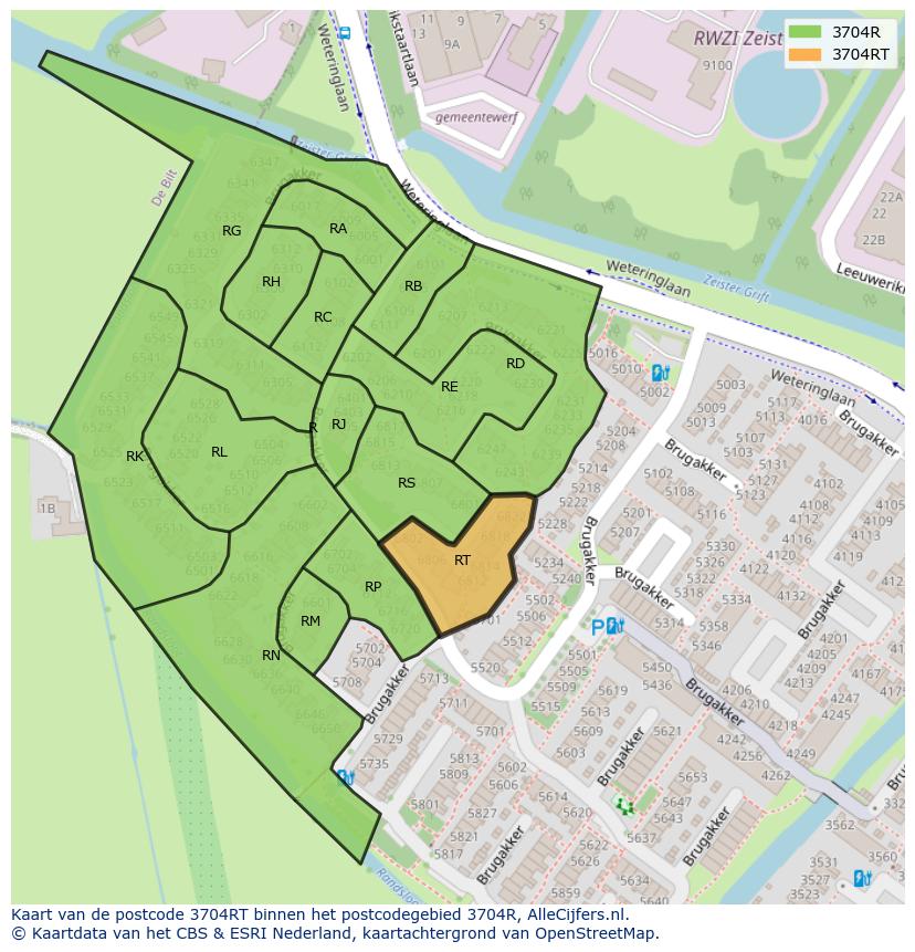 Afbeelding van het postcodegebied 3704 RT op de kaart.