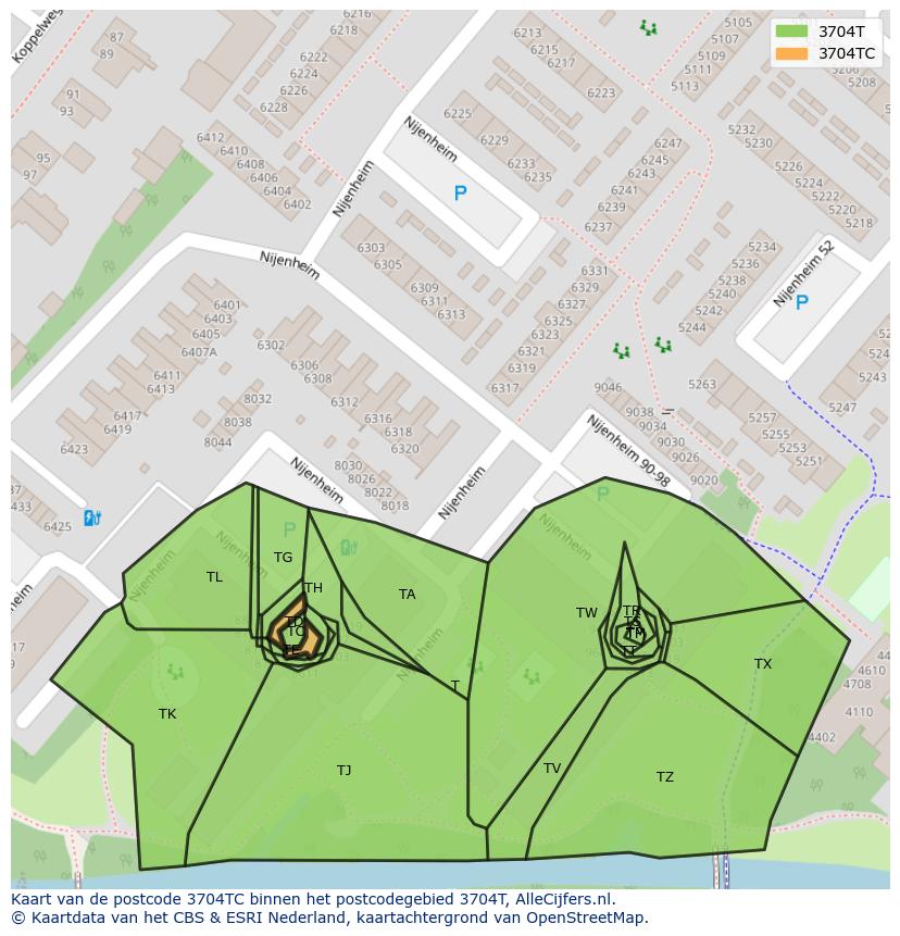 Afbeelding van het postcodegebied 3704 TC op de kaart.