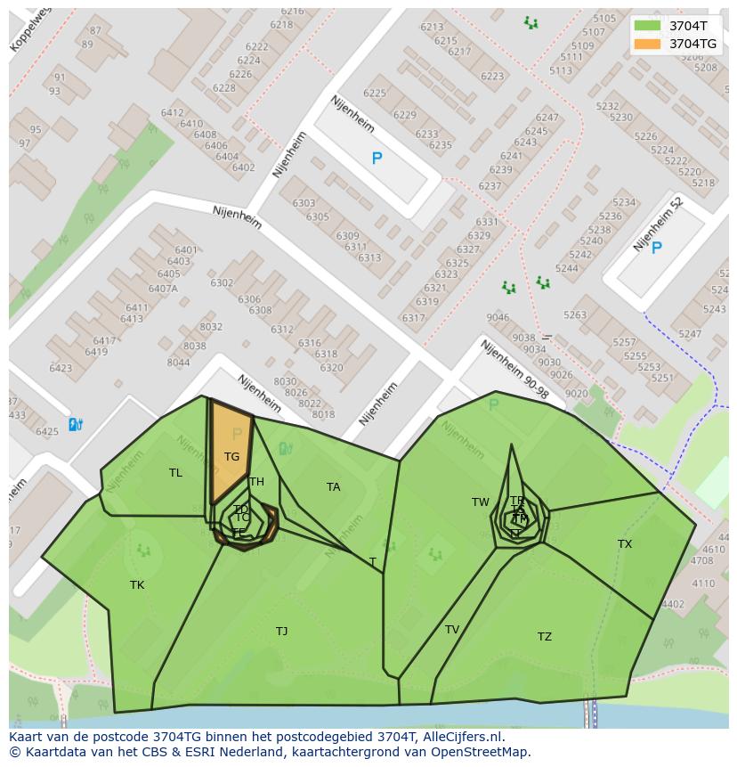 Afbeelding van het postcodegebied 3704 TG op de kaart.