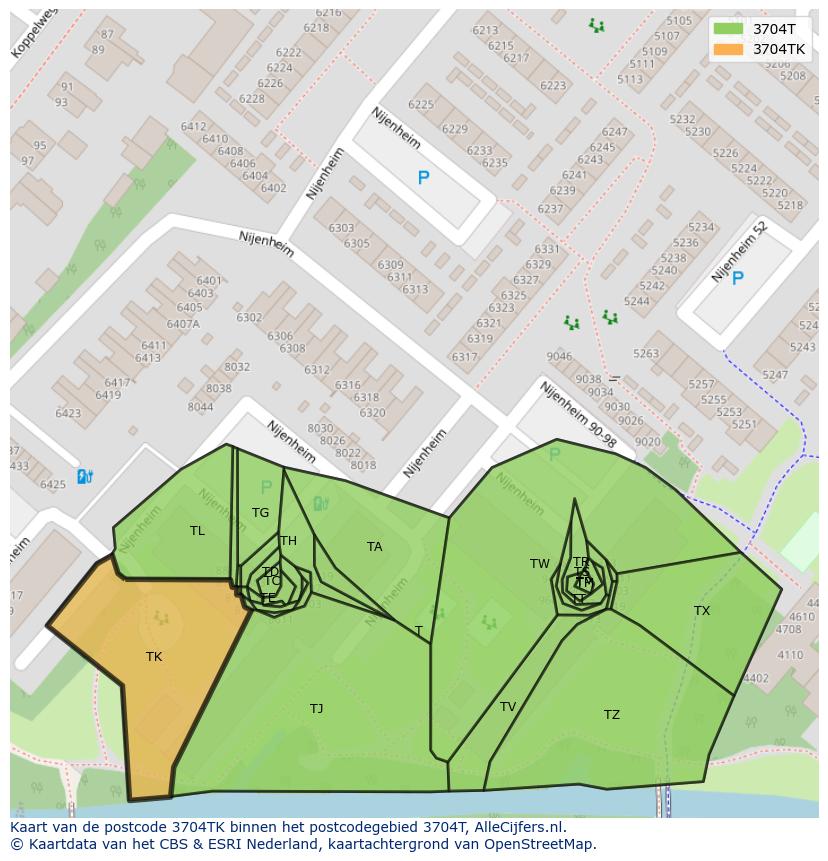 Afbeelding van het postcodegebied 3704 TK op de kaart.