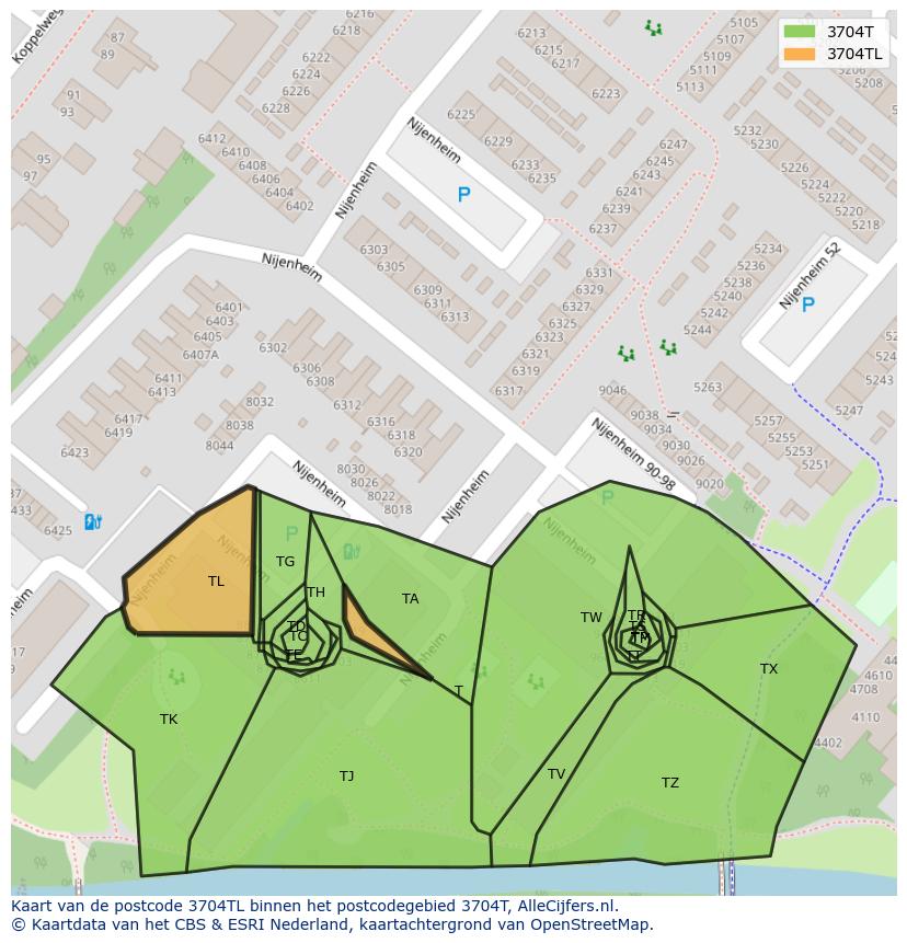 Afbeelding van het postcodegebied 3704 TL op de kaart.