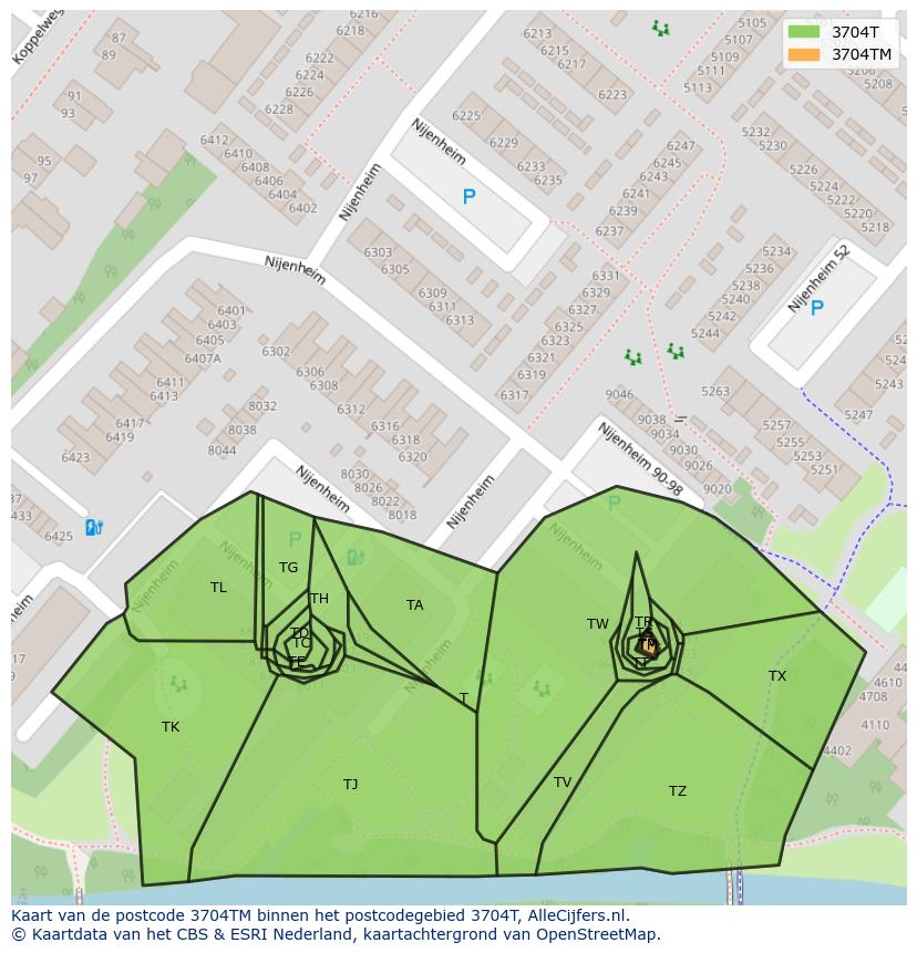 Afbeelding van het postcodegebied 3704 TM op de kaart.