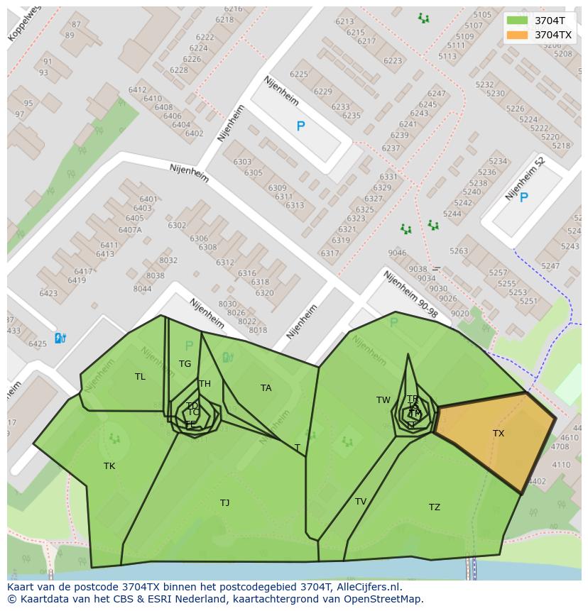 Afbeelding van het postcodegebied 3704 TX op de kaart.