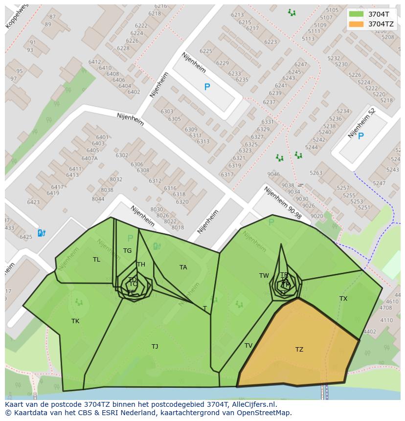 Afbeelding van het postcodegebied 3704 TZ op de kaart.