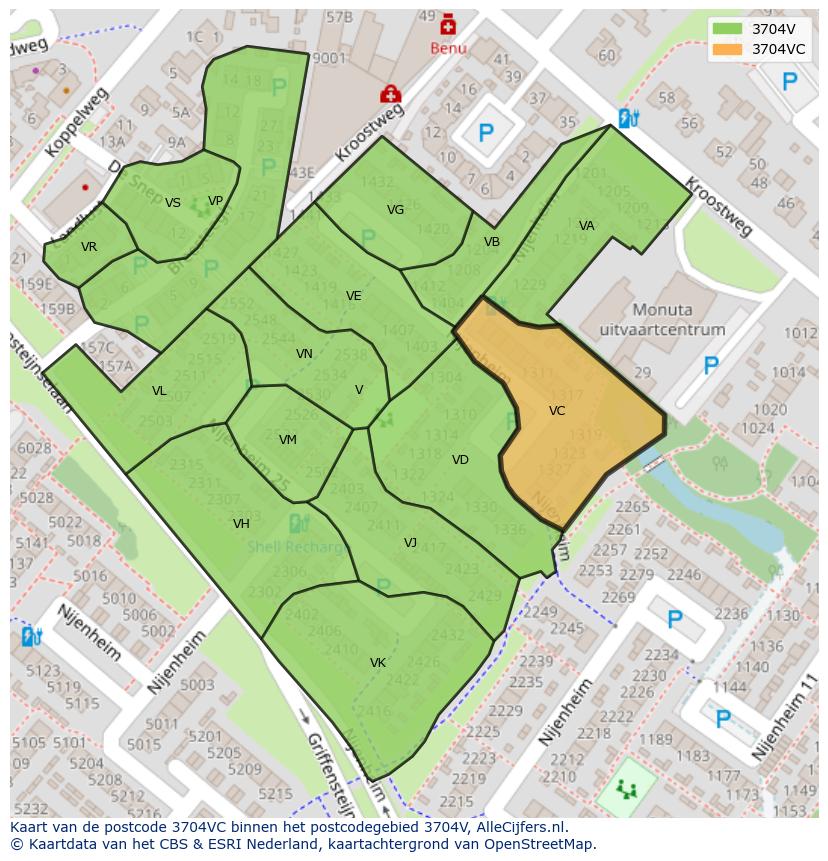 Afbeelding van het postcodegebied 3704 VC op de kaart.