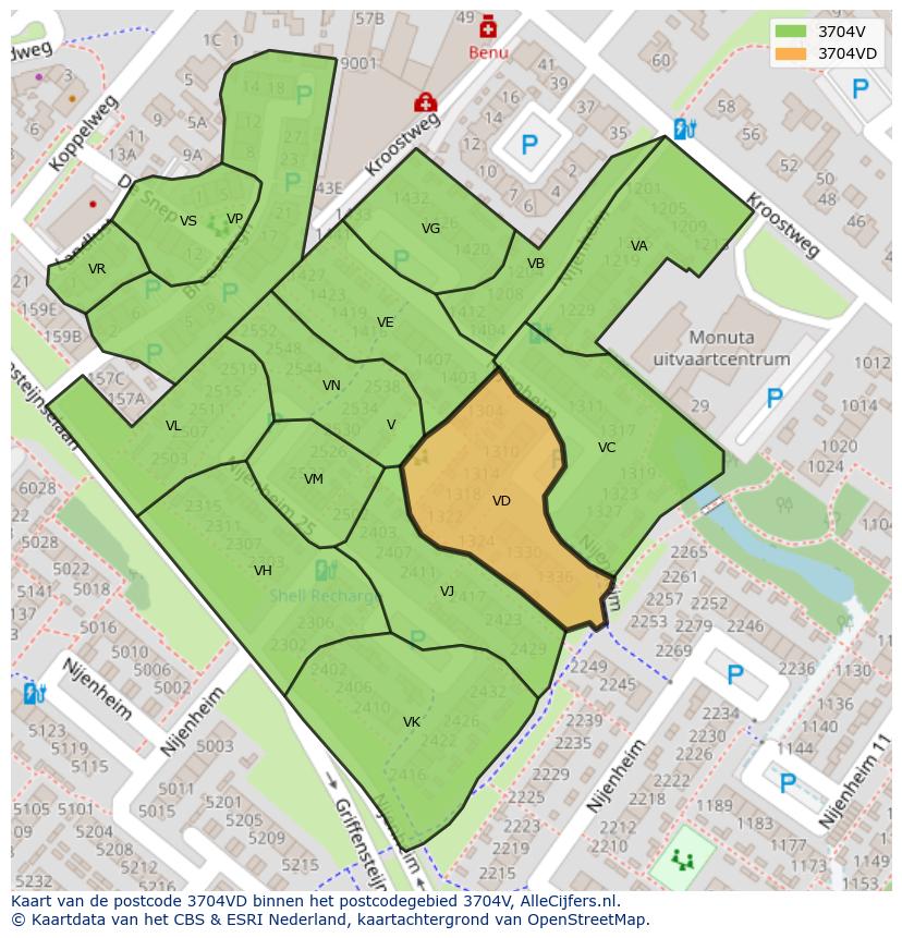 Afbeelding van het postcodegebied 3704 VD op de kaart.