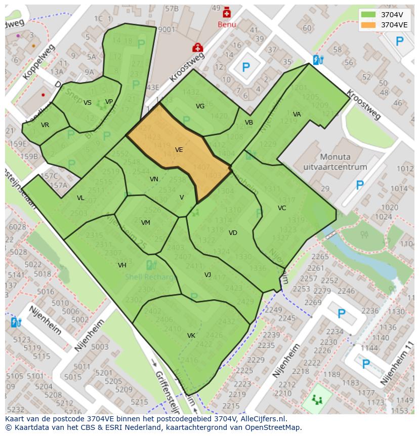 Afbeelding van het postcodegebied 3704 VE op de kaart.