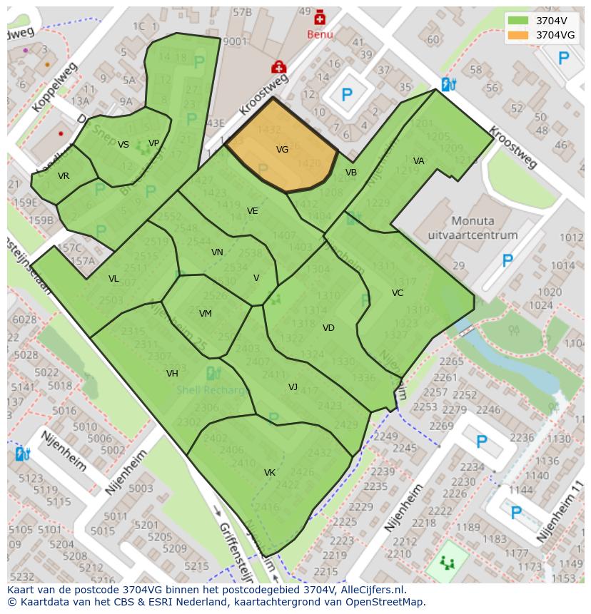Afbeelding van het postcodegebied 3704 VG op de kaart.
