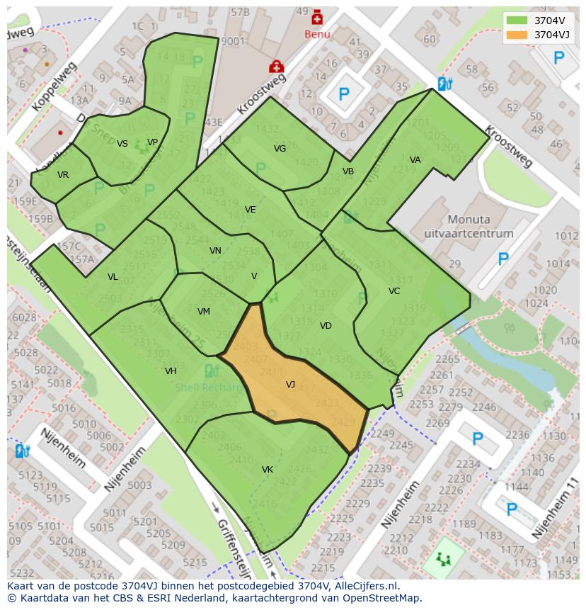 Afbeelding van het postcodegebied 3704 VJ op de kaart.