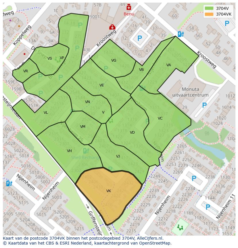 Afbeelding van het postcodegebied 3704 VK op de kaart.
