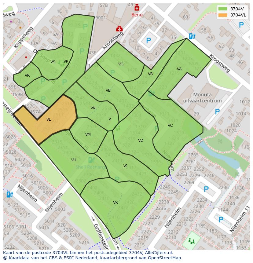 Afbeelding van het postcodegebied 3704 VL op de kaart.