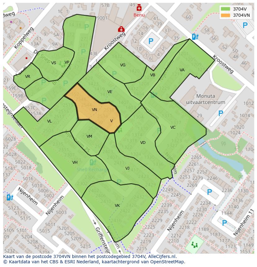 Afbeelding van het postcodegebied 3704 VN op de kaart.