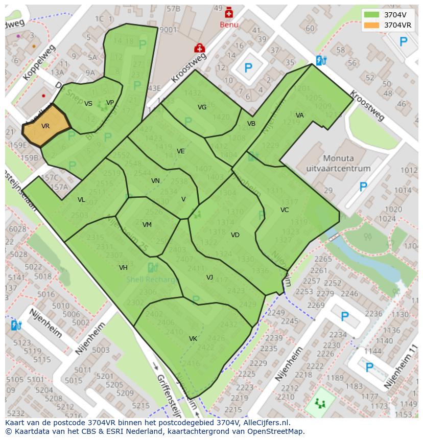 Afbeelding van het postcodegebied 3704 VR op de kaart.