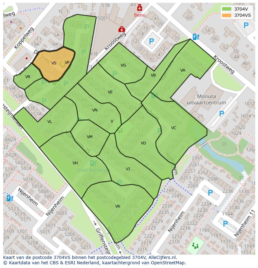Afbeelding van het postcodegebied 3704 VS op de kaart.