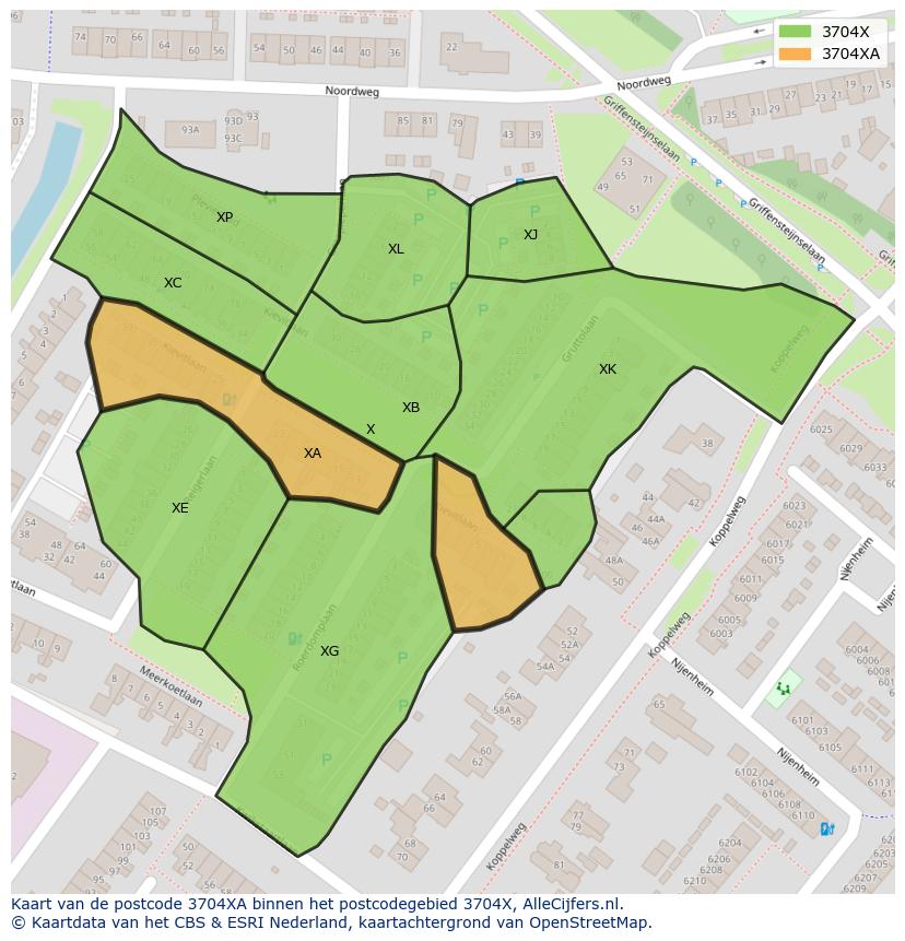Afbeelding van het postcodegebied 3704 XA op de kaart.