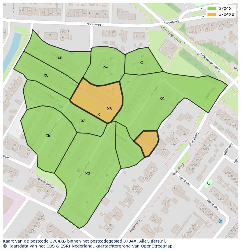 Afbeelding van het postcodegebied 3704 XB op de kaart.