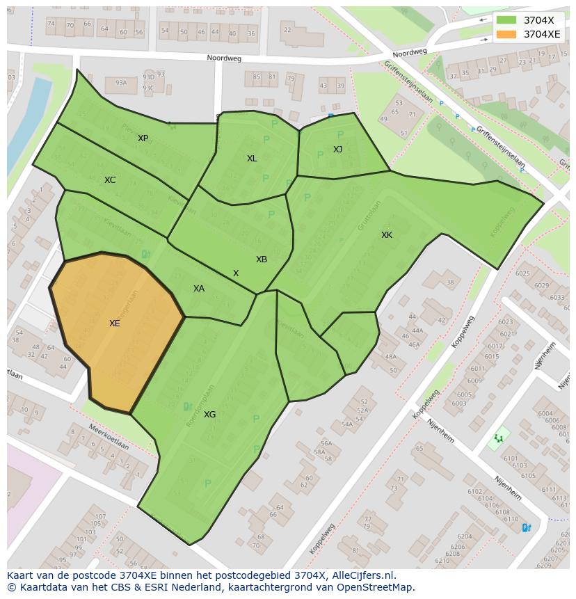 Afbeelding van het postcodegebied 3704 XE op de kaart.