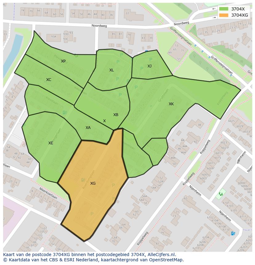 Afbeelding van het postcodegebied 3704 XG op de kaart.