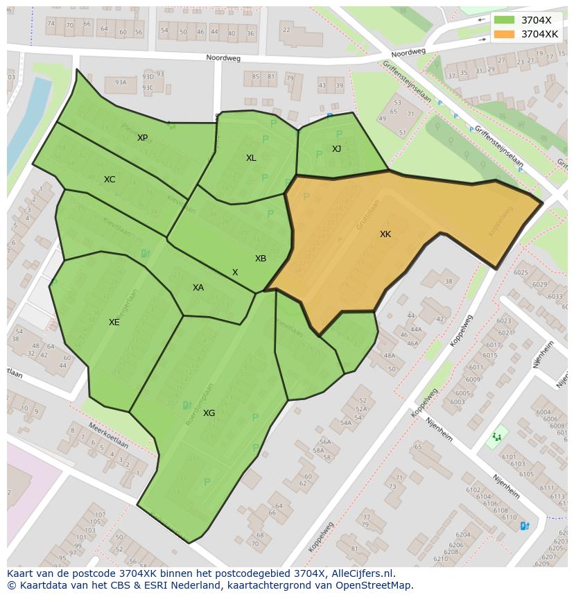 Afbeelding van het postcodegebied 3704 XK op de kaart.
