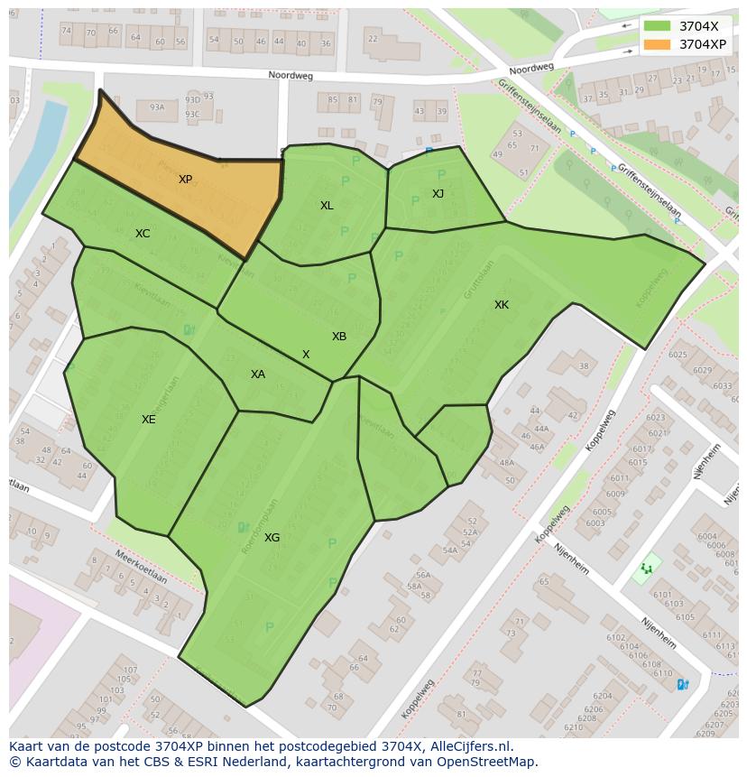 Afbeelding van het postcodegebied 3704 XP op de kaart.