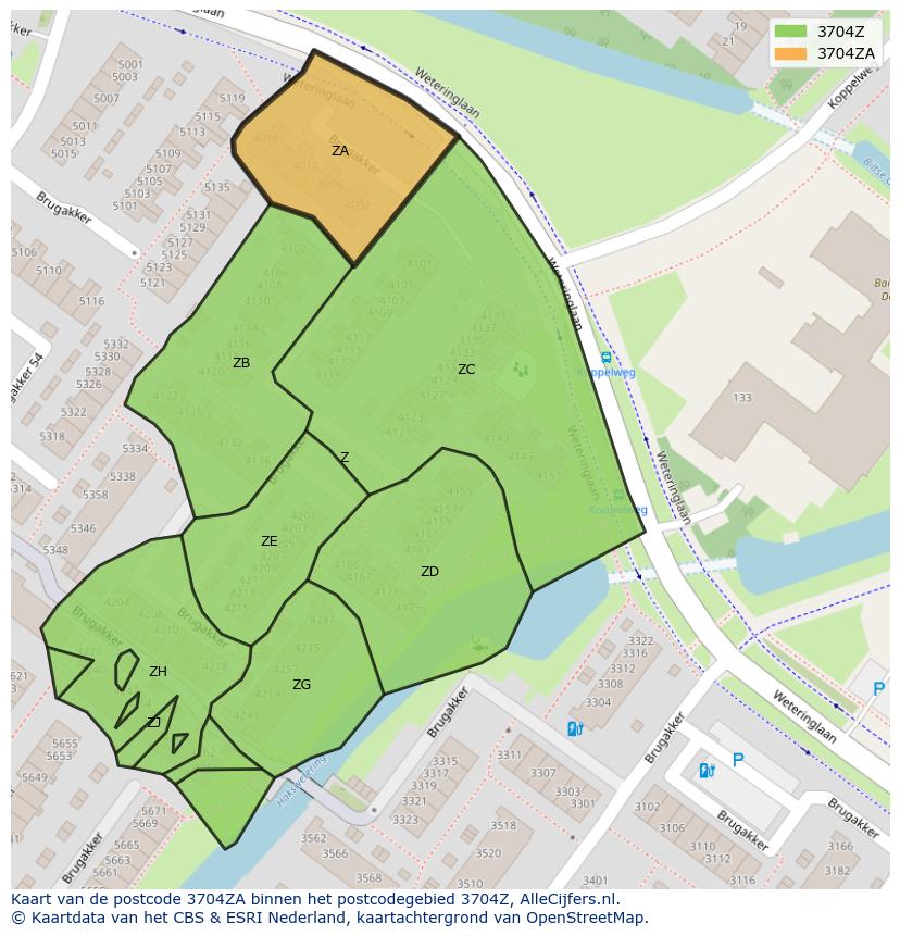 Afbeelding van het postcodegebied 3704 ZA op de kaart.