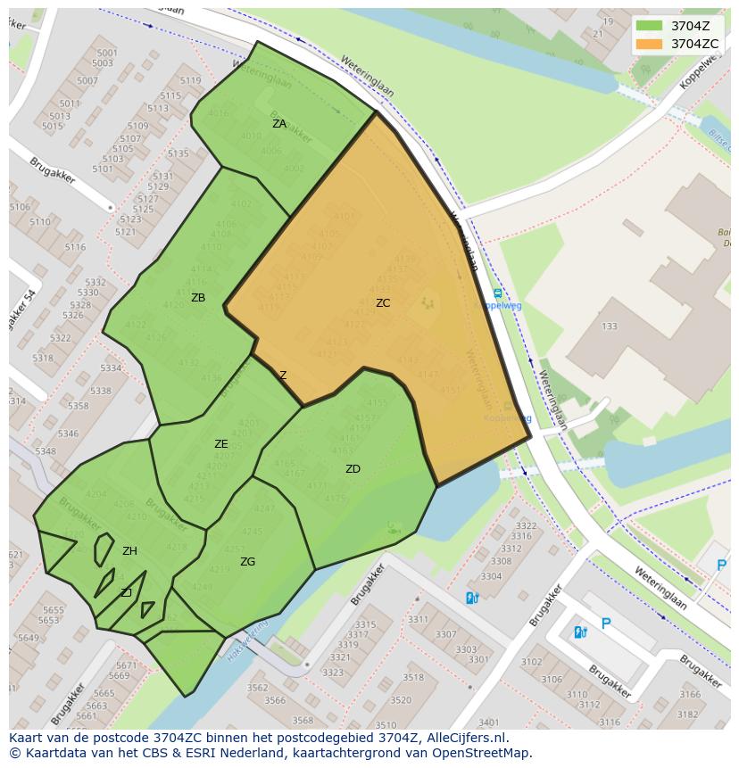 Afbeelding van het postcodegebied 3704 ZC op de kaart.