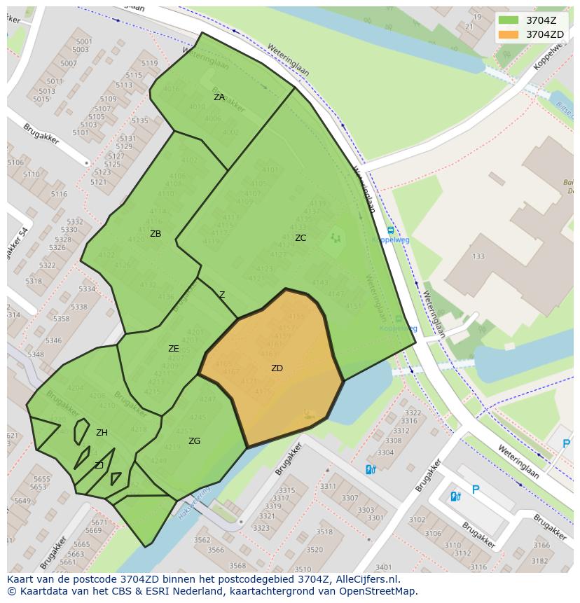 Afbeelding van het postcodegebied 3704 ZD op de kaart.