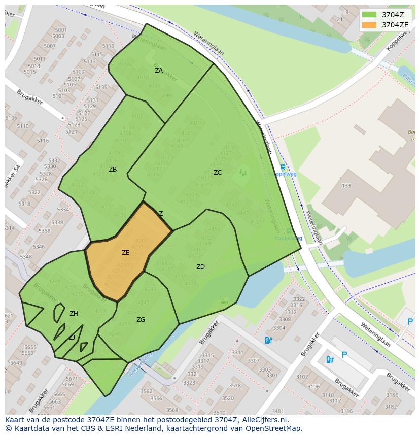 Afbeelding van het postcodegebied 3704 ZE op de kaart.