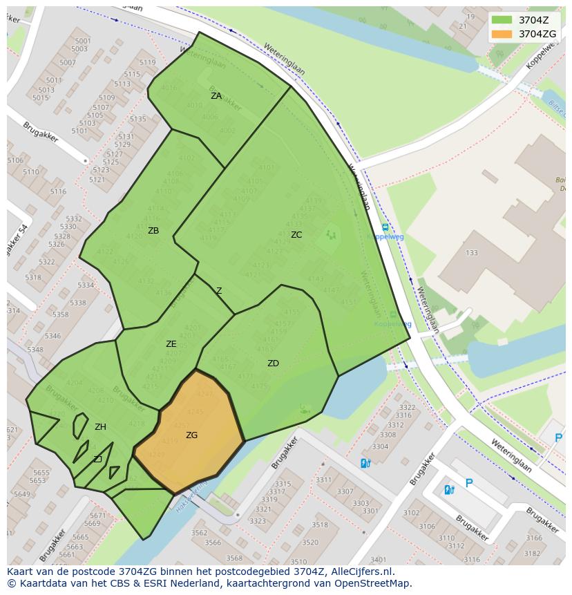 Afbeelding van het postcodegebied 3704 ZG op de kaart.