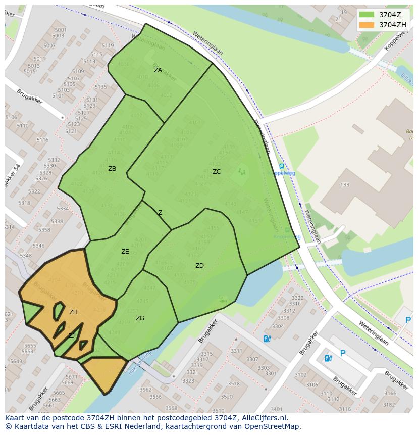 Afbeelding van het postcodegebied 3704 ZH op de kaart.