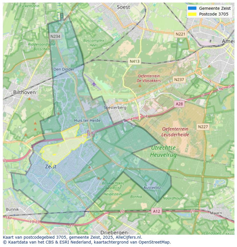 Afbeelding van het postcodegebied 3705 op de kaart.