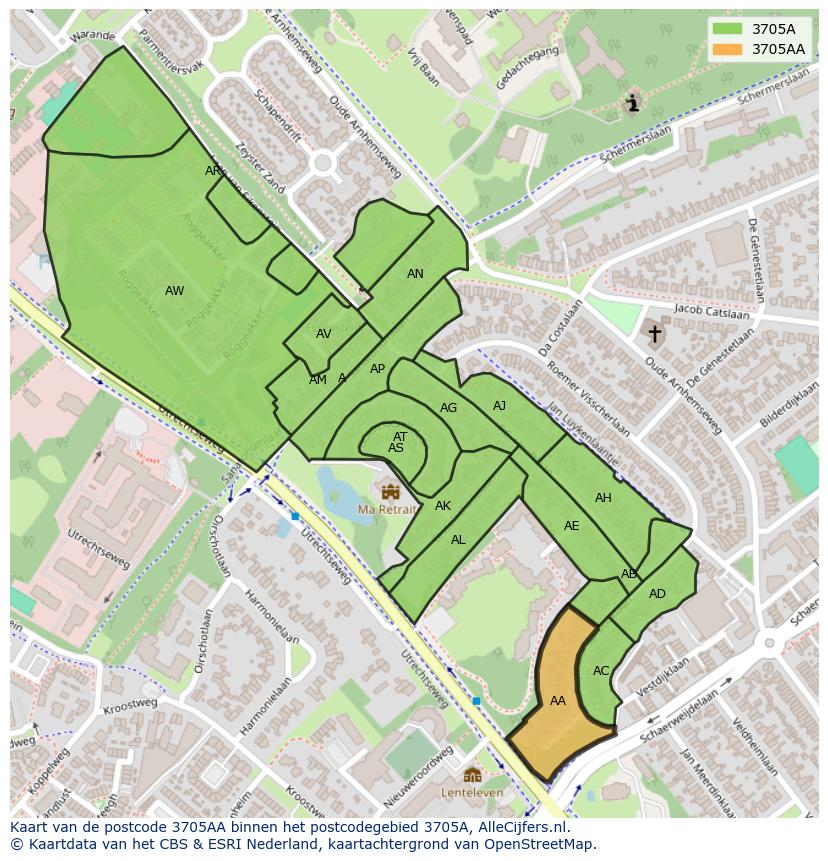 Afbeelding van het postcodegebied 3705 AA op de kaart.