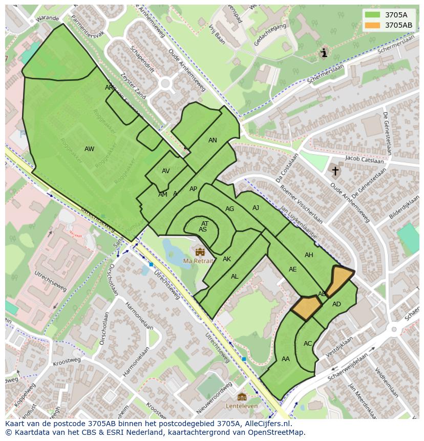 Afbeelding van het postcodegebied 3705 AB op de kaart.
