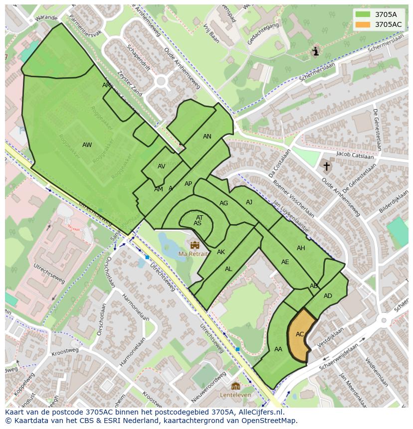 Afbeelding van het postcodegebied 3705 AC op de kaart.