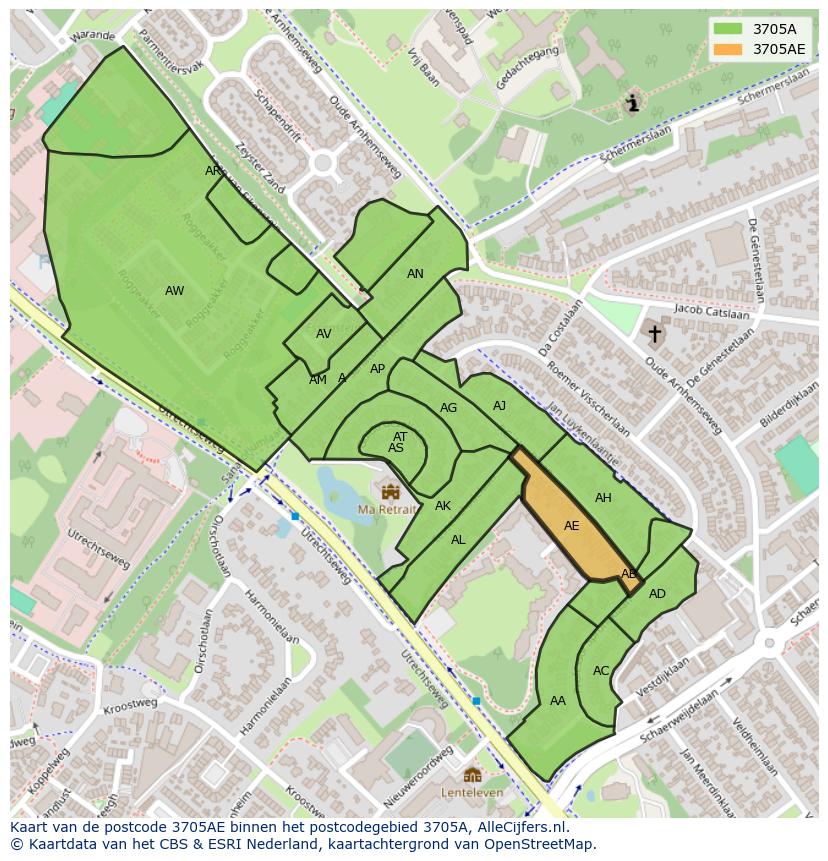 Afbeelding van het postcodegebied 3705 AE op de kaart.