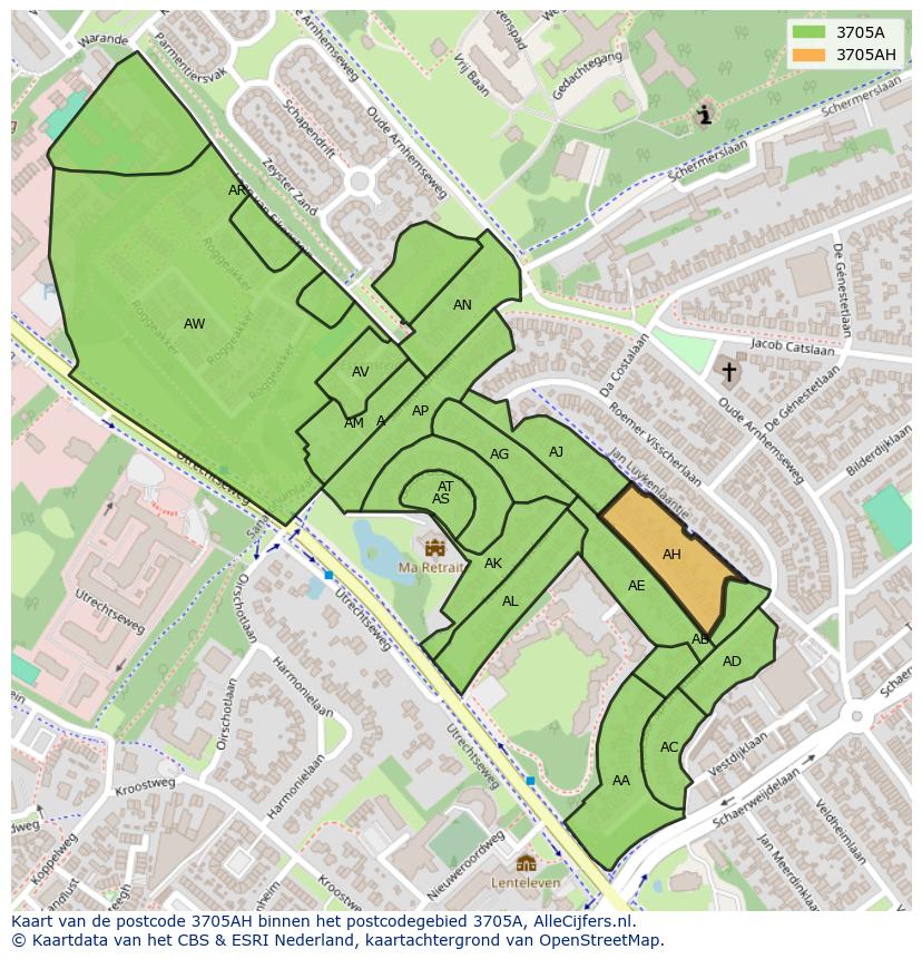 Afbeelding van het postcodegebied 3705 AH op de kaart.