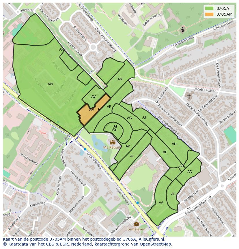 Afbeelding van het postcodegebied 3705 AM op de kaart.