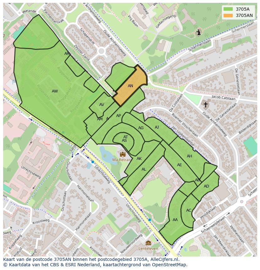 Afbeelding van het postcodegebied 3705 AN op de kaart.
