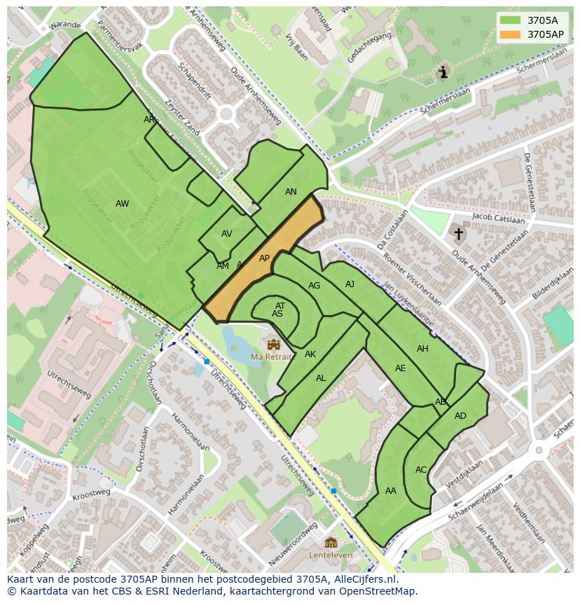 Afbeelding van het postcodegebied 3705 AP op de kaart.
