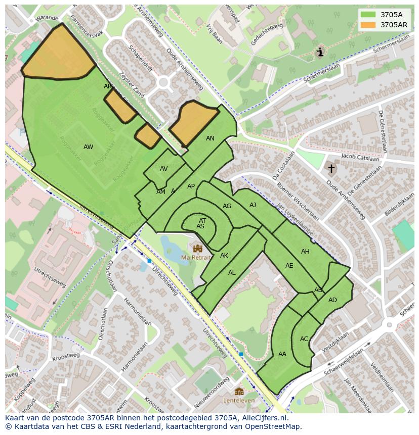Afbeelding van het postcodegebied 3705 AR op de kaart.