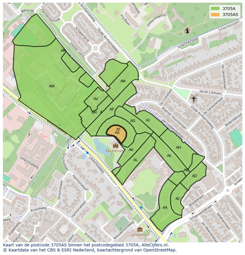 Afbeelding van het postcodegebied 3705 AS op de kaart.