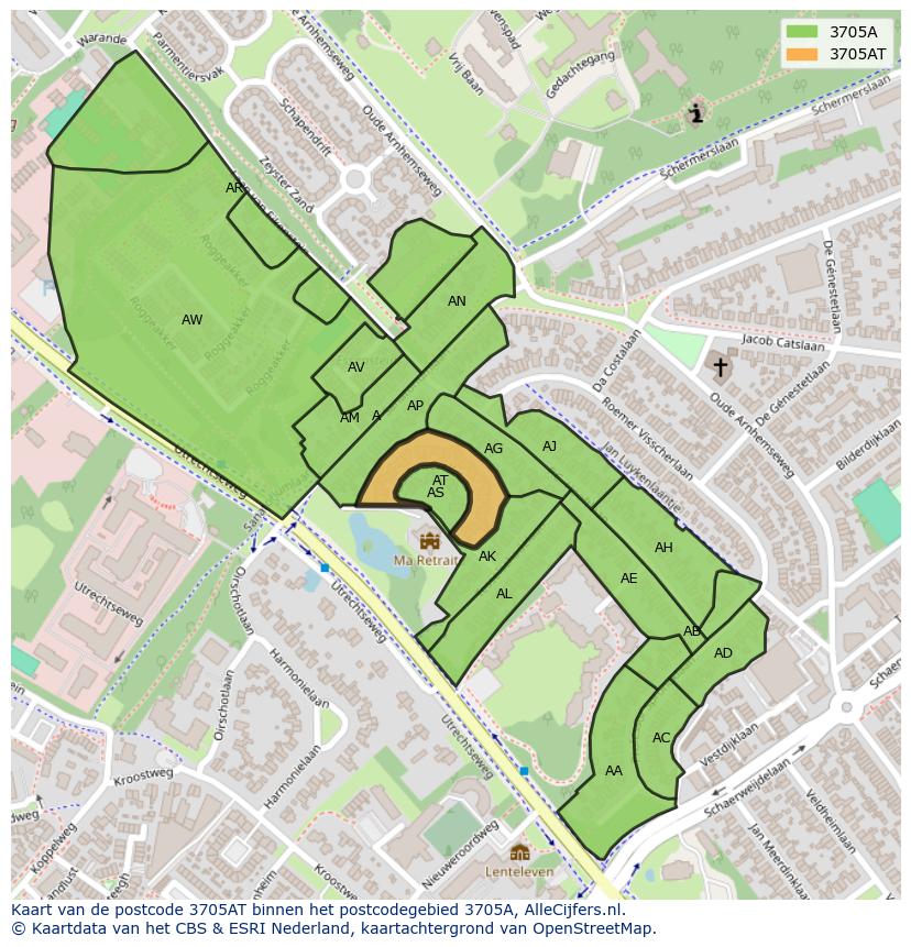 Afbeelding van het postcodegebied 3705 AT op de kaart.