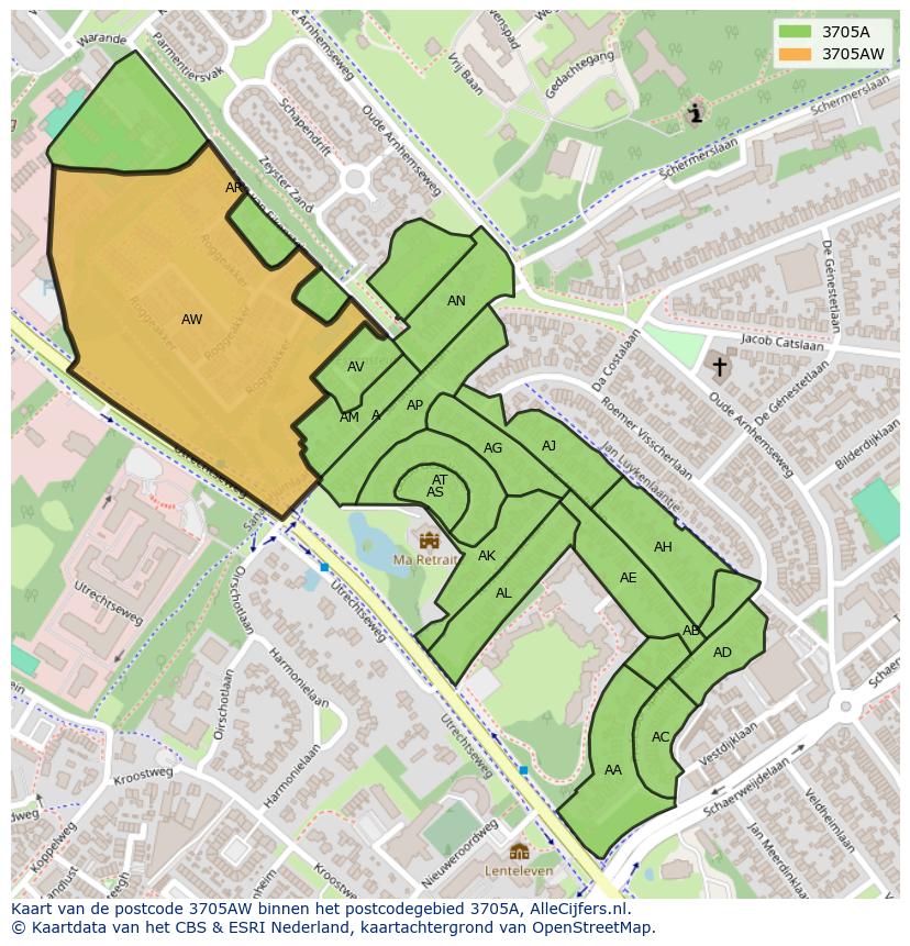 Afbeelding van het postcodegebied 3705 AW op de kaart.