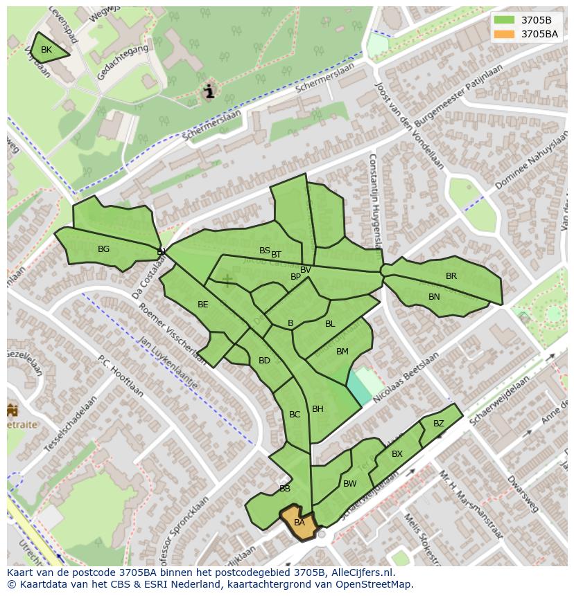 Afbeelding van het postcodegebied 3705 BA op de kaart.